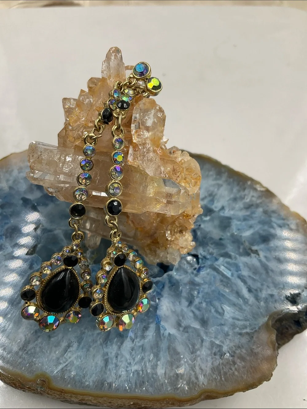 Gold-Tone Black Teardrop Onyx Gemstone W/Sparkling Rhinestones